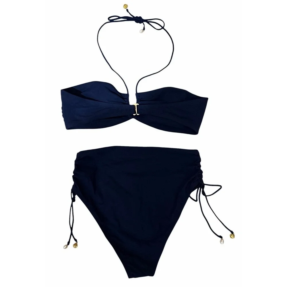 Tory Burch Bandeau Halter Bikini Top & High-Waisted Cinched Bikini Bottoms Small